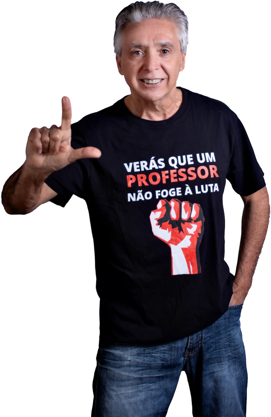 Leonel com a camiseta Verás que um professor não foge à luta